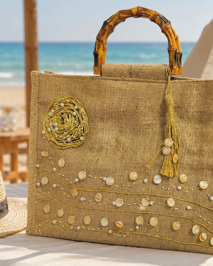 Golden rose jute bag