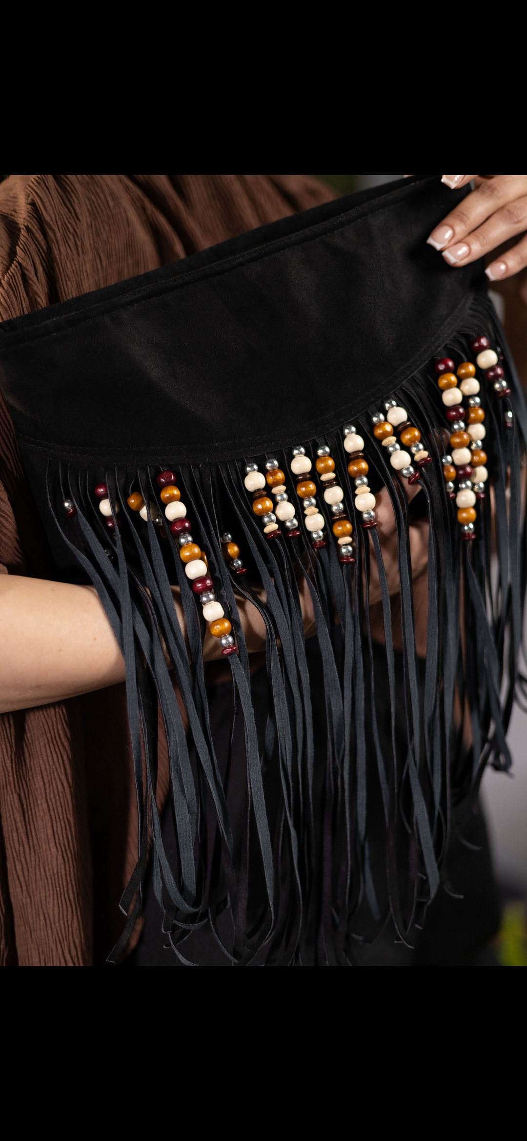 Boho suede Fringe in black clutch / crossbody