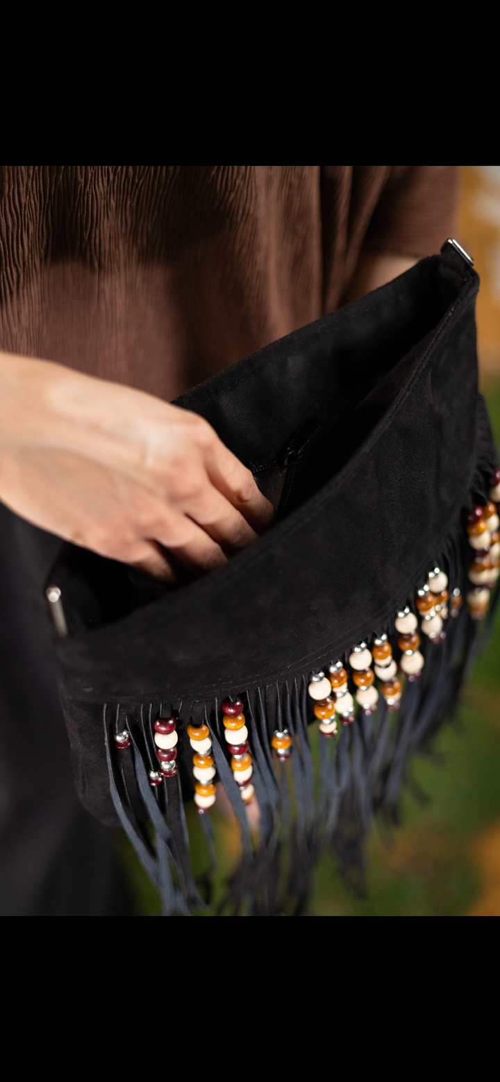 Boho suede Fringe in black clutch / crossbody