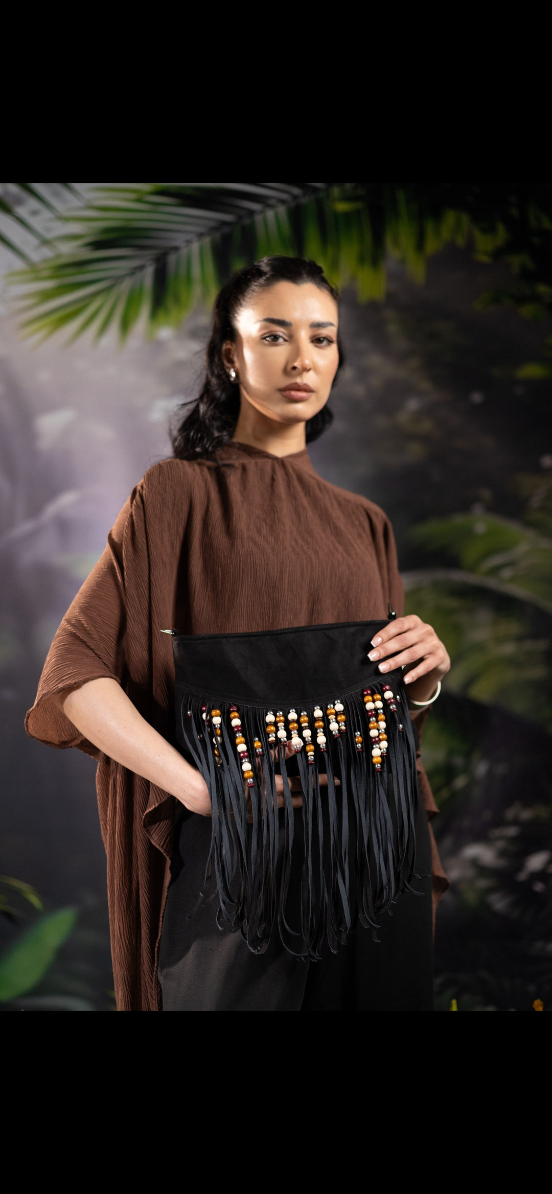 Boho suede Fringe in black clutch / crossbody