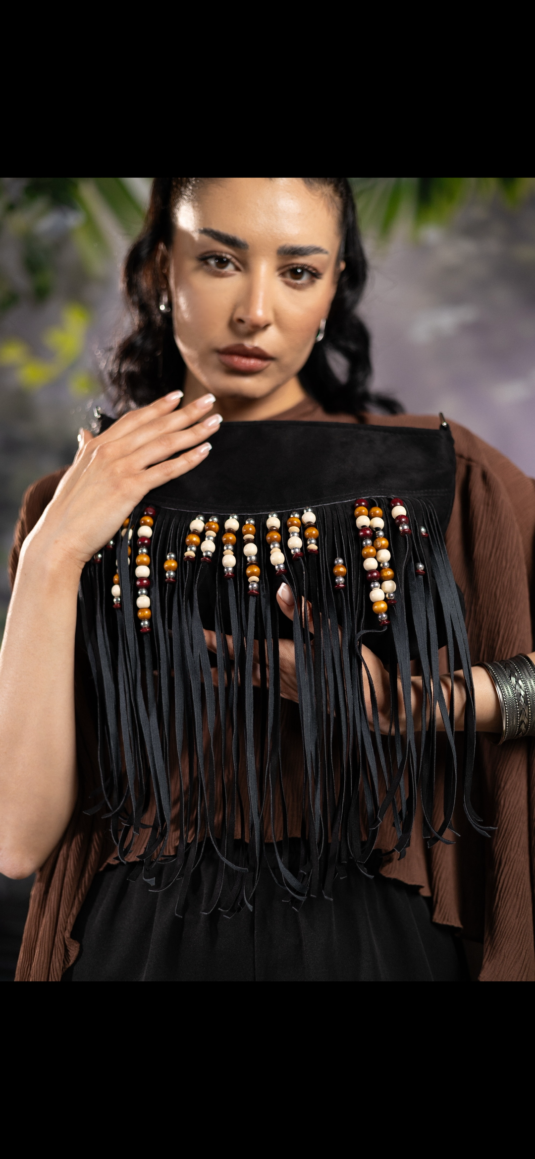 Boho suede Fringe in black clutch / crossbody