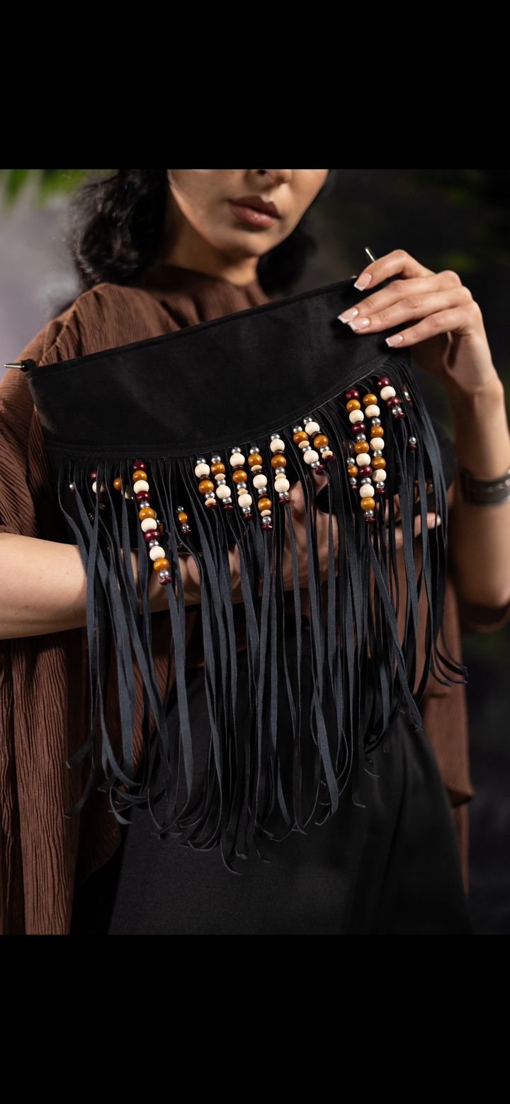 Boho suede Fringe in black clutch / crossbody