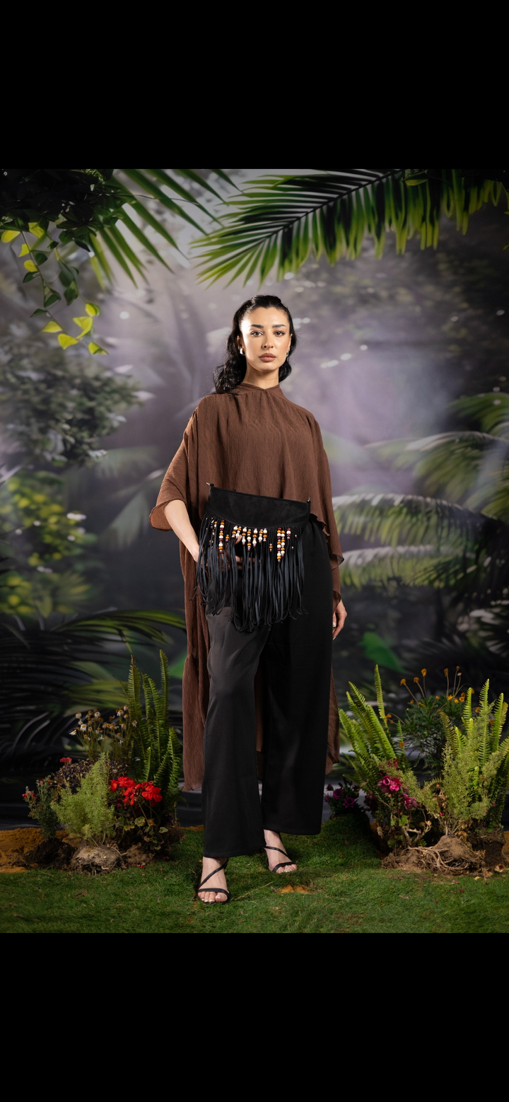 Boho suede Fringe in black clutch / crossbody