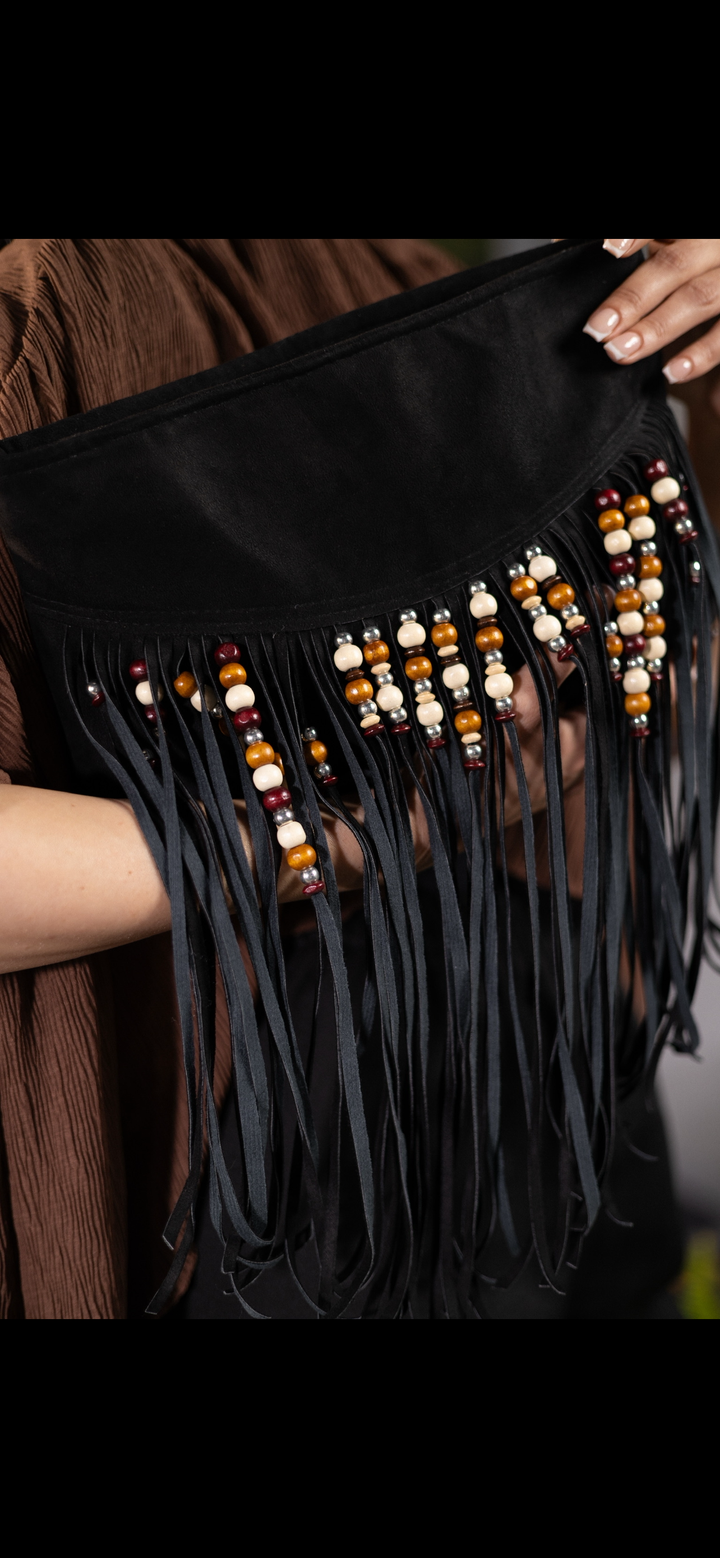 Boho suede Fringe in black clutch / crossbody