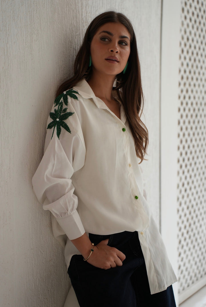 Emerald Bloom Embroidered Oversized Shirt