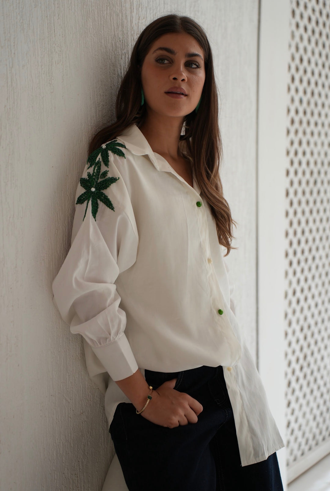 Emerald Bloom Embroidered Oversized Shirt