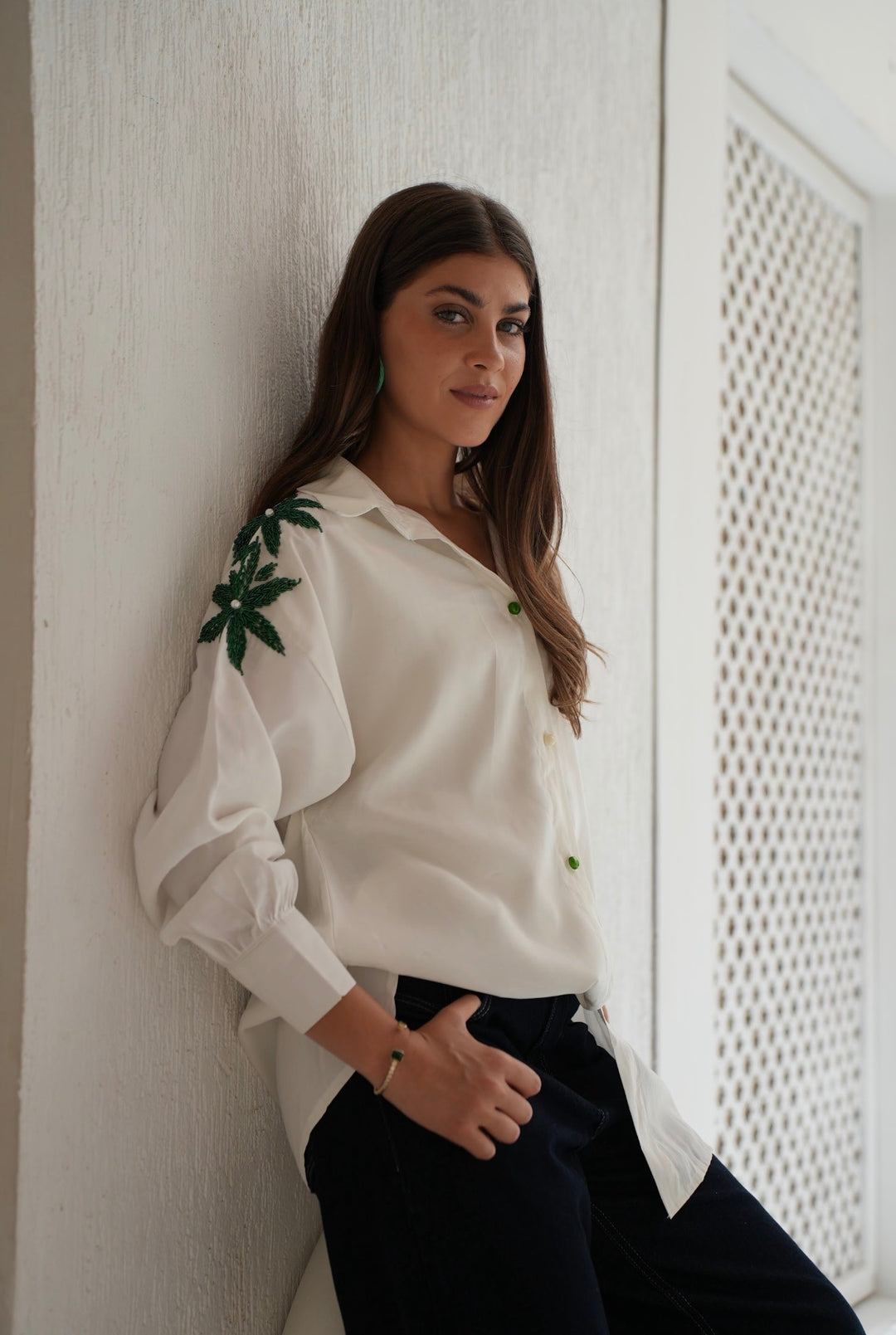 Emerald Bloom Embroidered Oversized Shirt