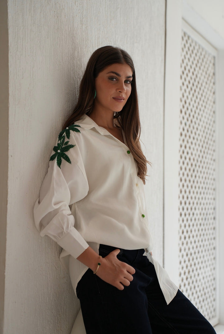 Emerald Bloom Embroidered Oversized Shirt