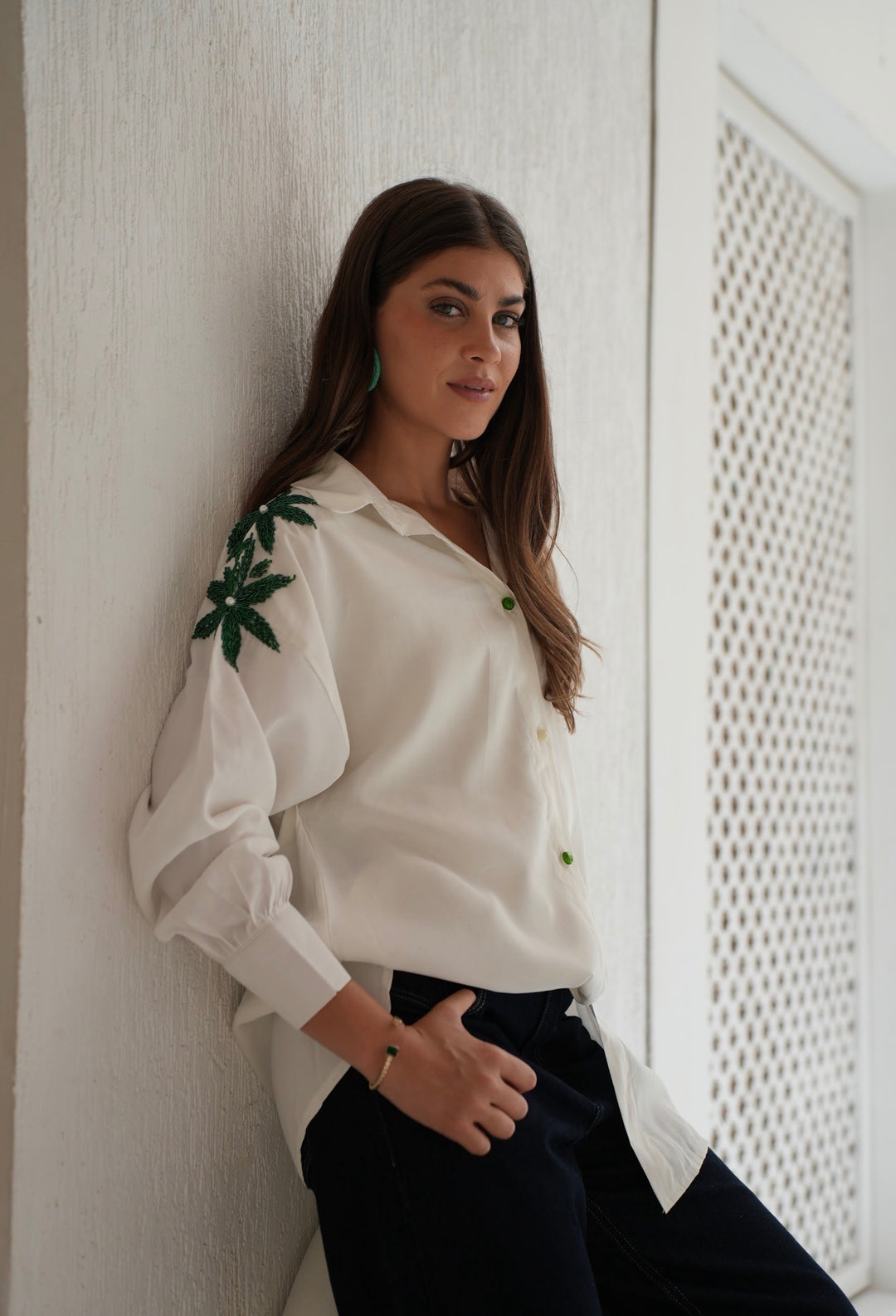 Emerald Bloom Embroidered Oversized Shirt
