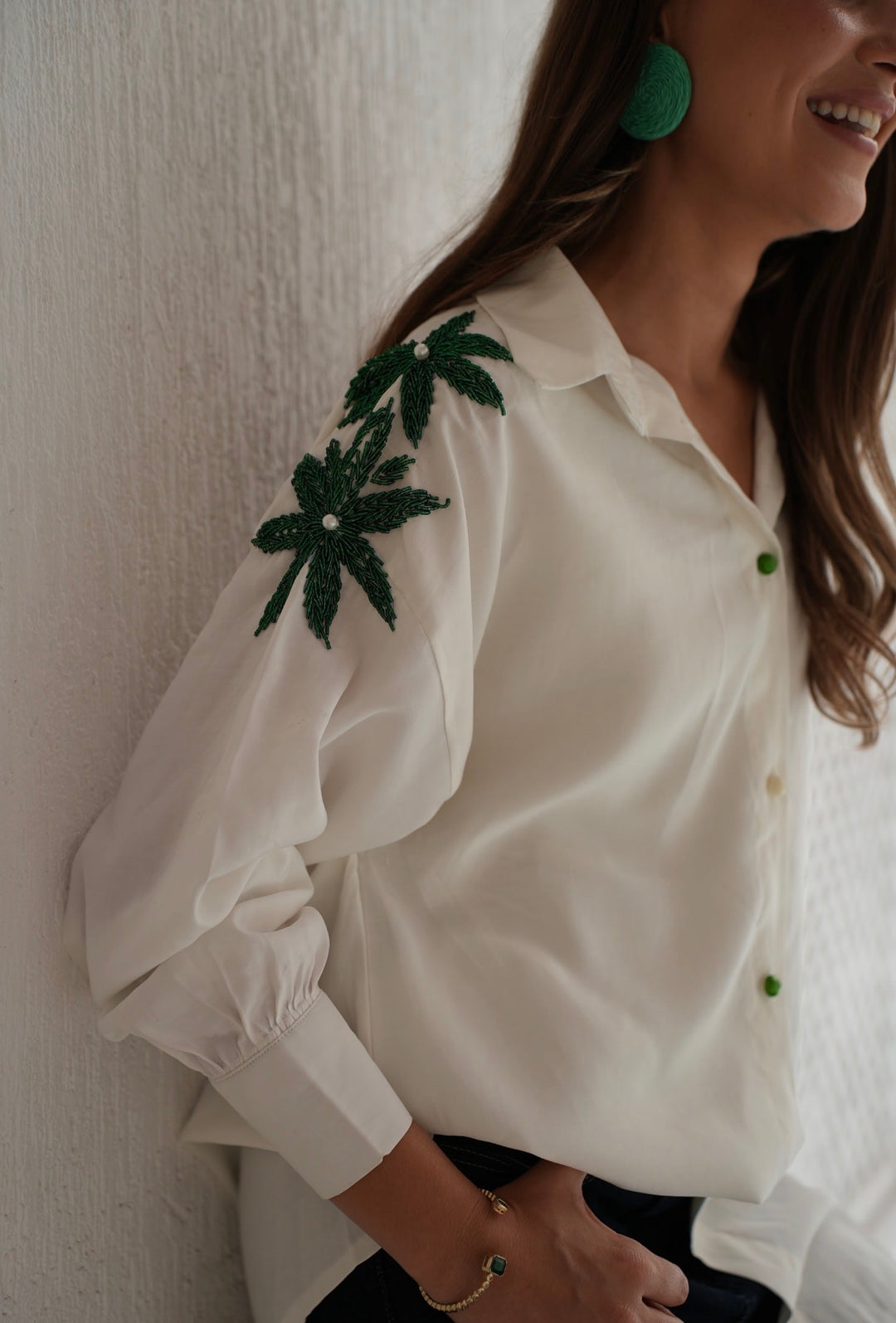 Emerald Bloom Embroidered Oversized Shirt