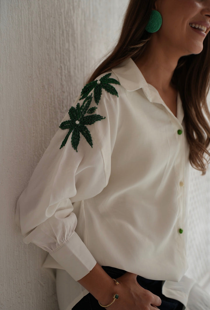 Emerald Bloom Embroidered Oversized Shirt