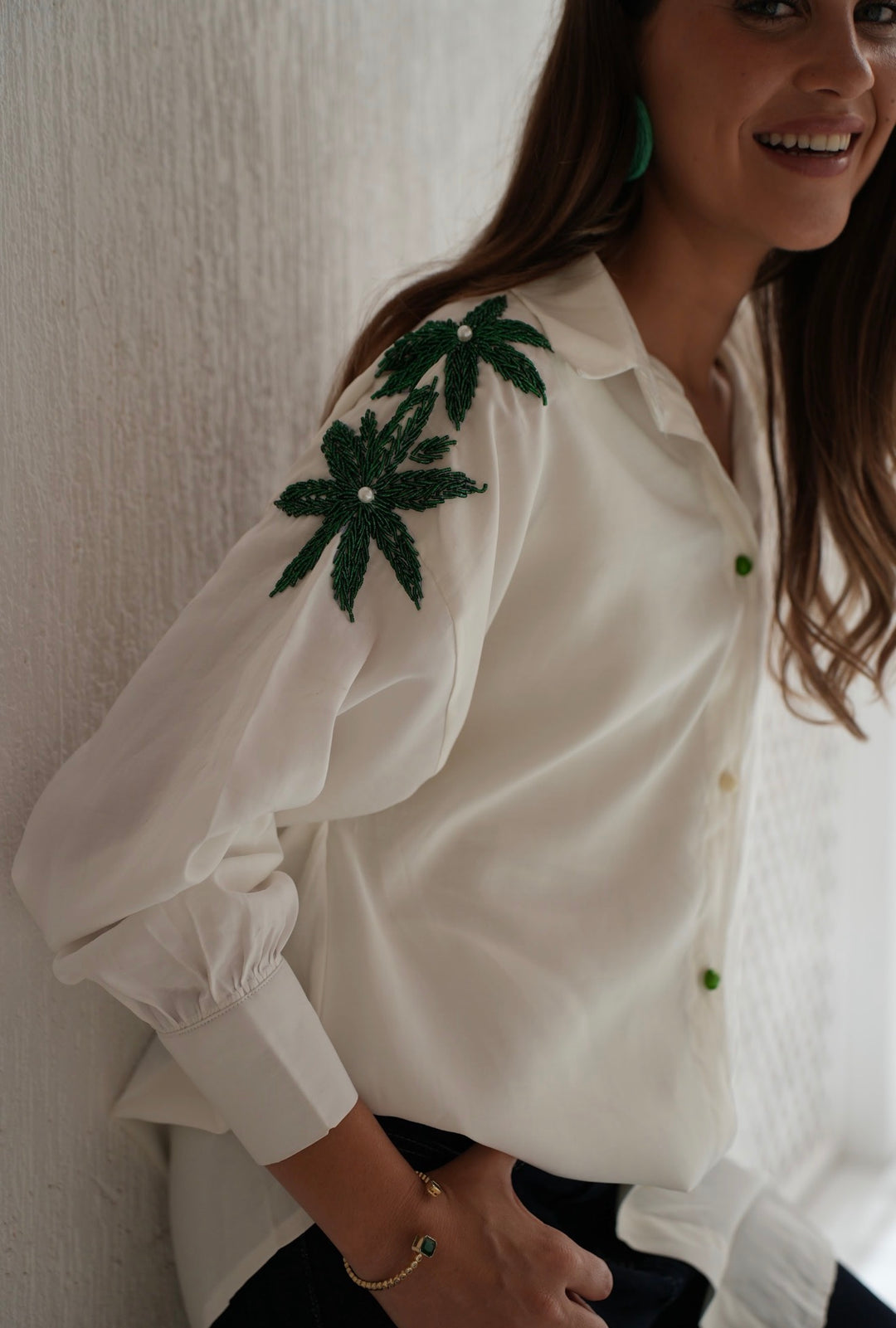 Emerald Bloom Embroidered Oversized Shirt