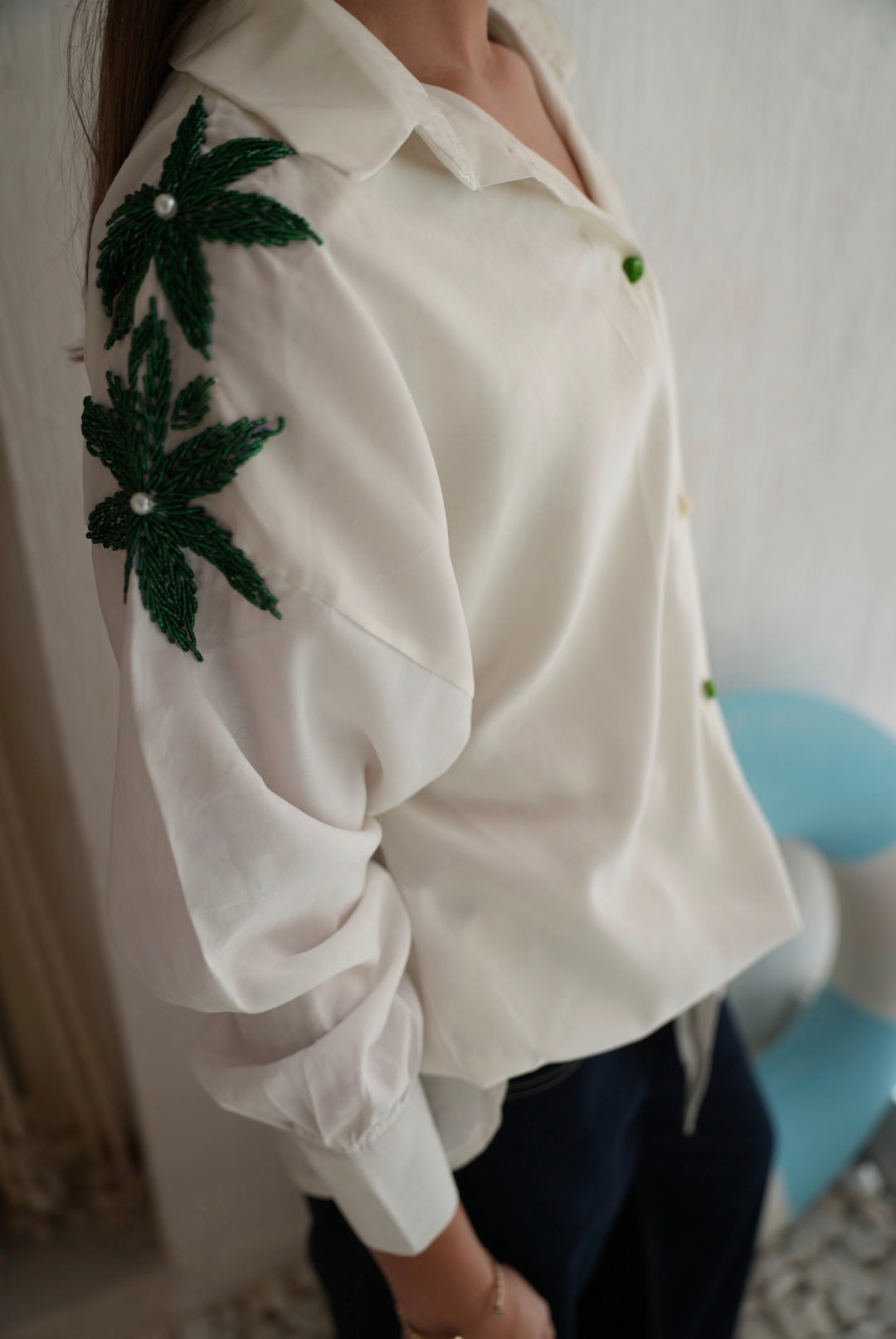 Emerald Bloom Embroidered Oversized Shirt