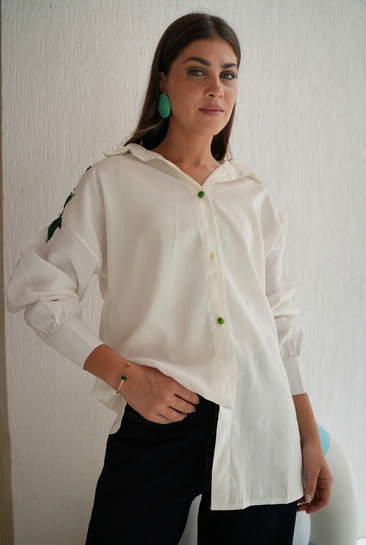 Emerald Bloom Embroidered Oversized Shirt