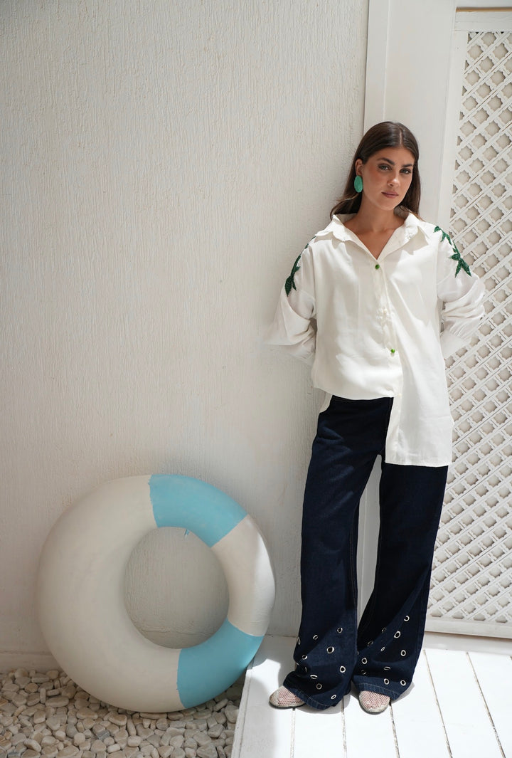 Emerald Bloom Embroidered Oversized Shirt