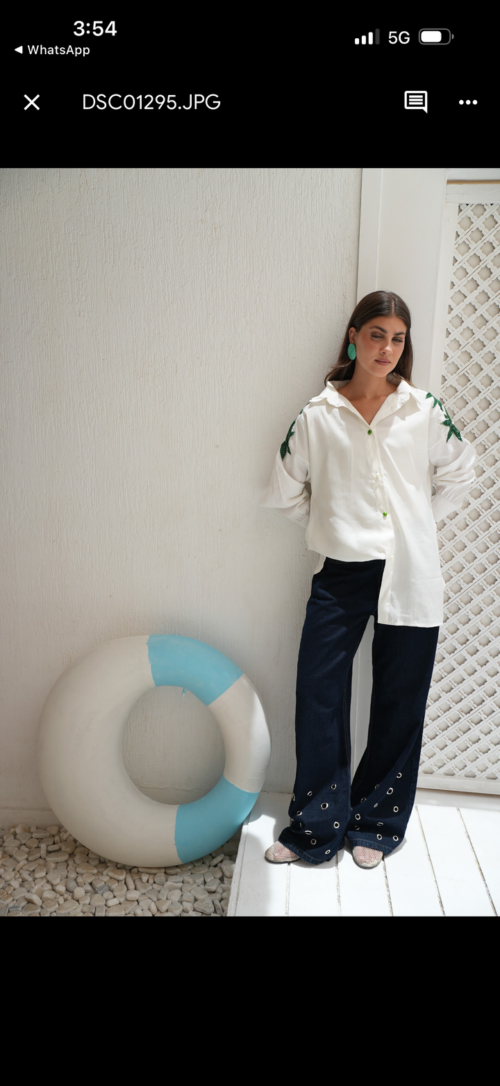 Emerald Bloom Embroidered Oversized Shirt