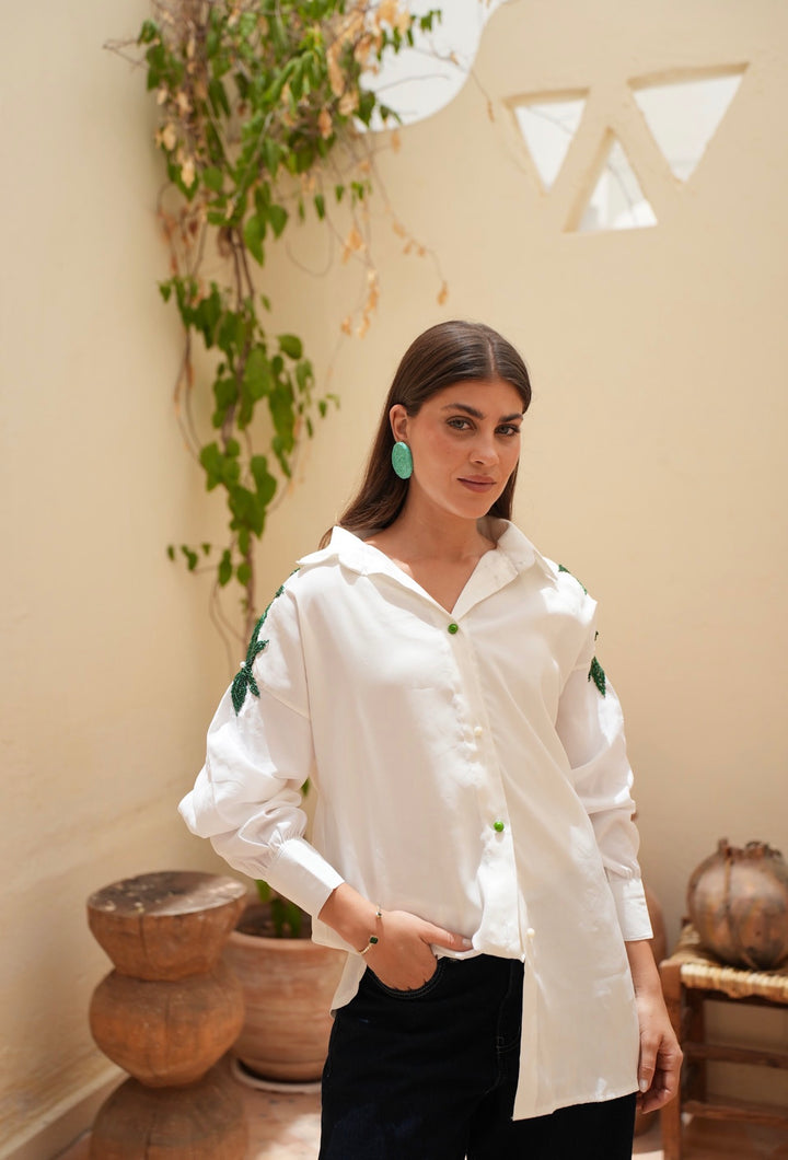 Emerald Bloom Embroidered Oversized Shirt