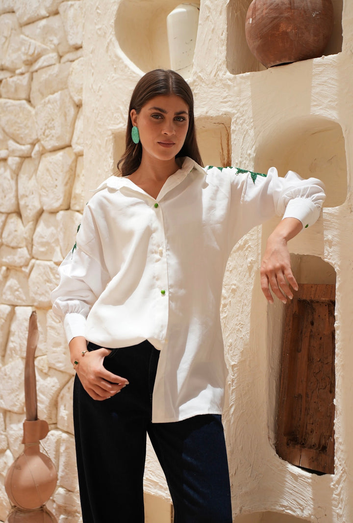 Emerald Bloom Embroidered Oversized Shirt