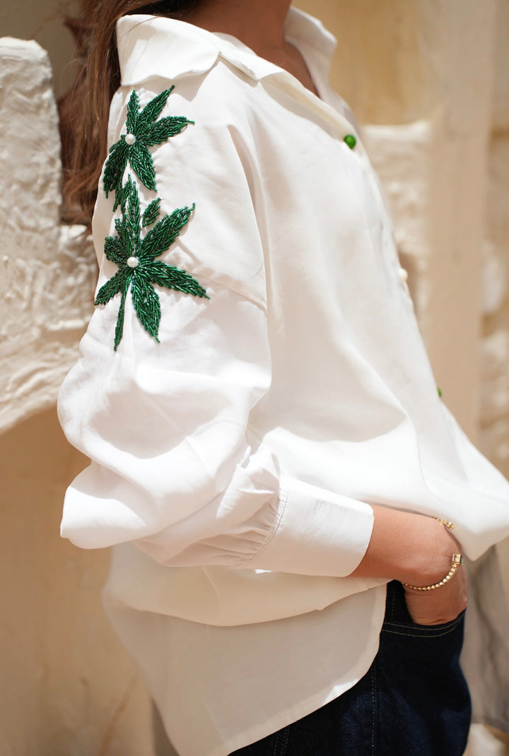 Emerald Bloom Embroidered Oversized Shirt