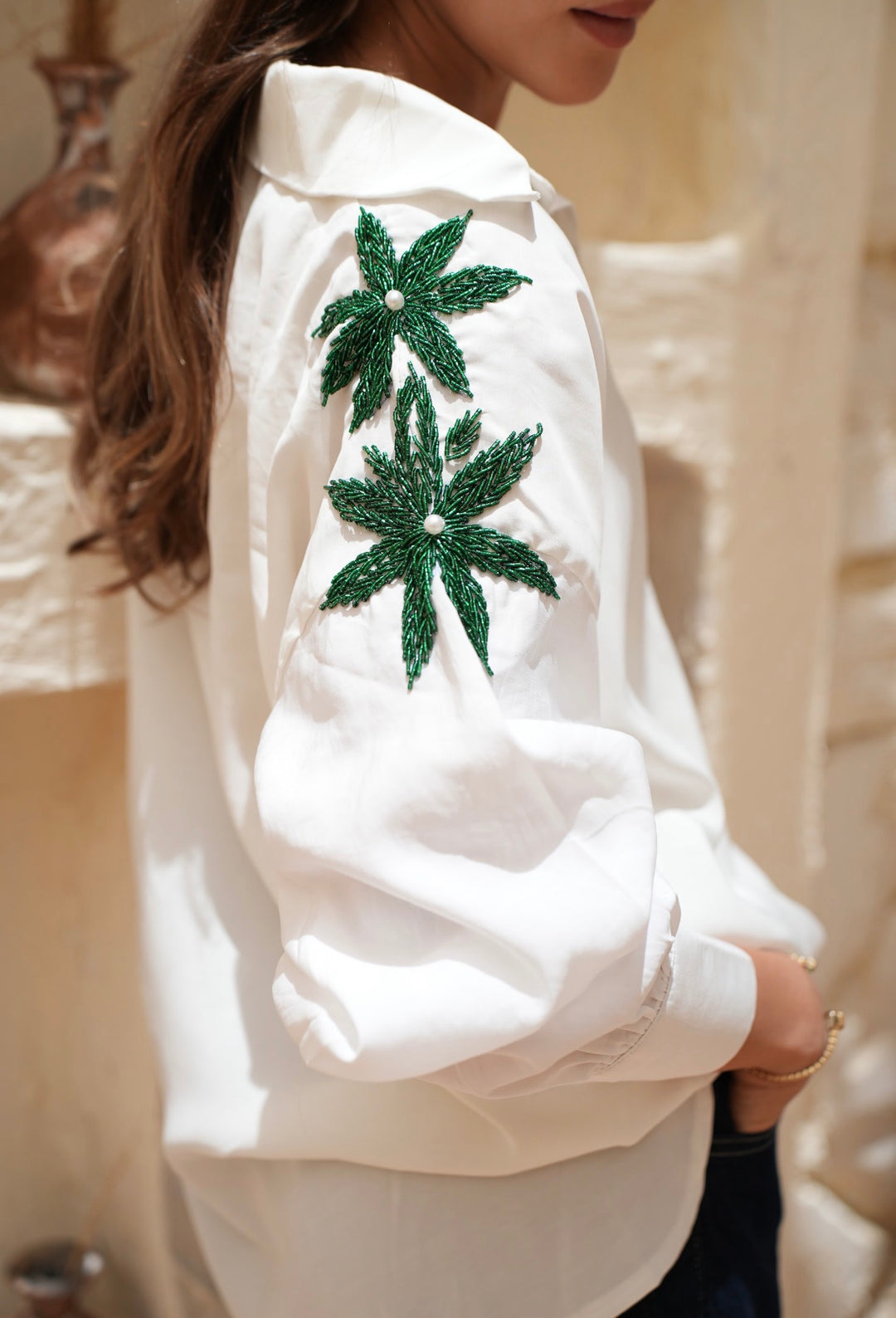 Emerald Bloom Embroidered Oversized Shirt