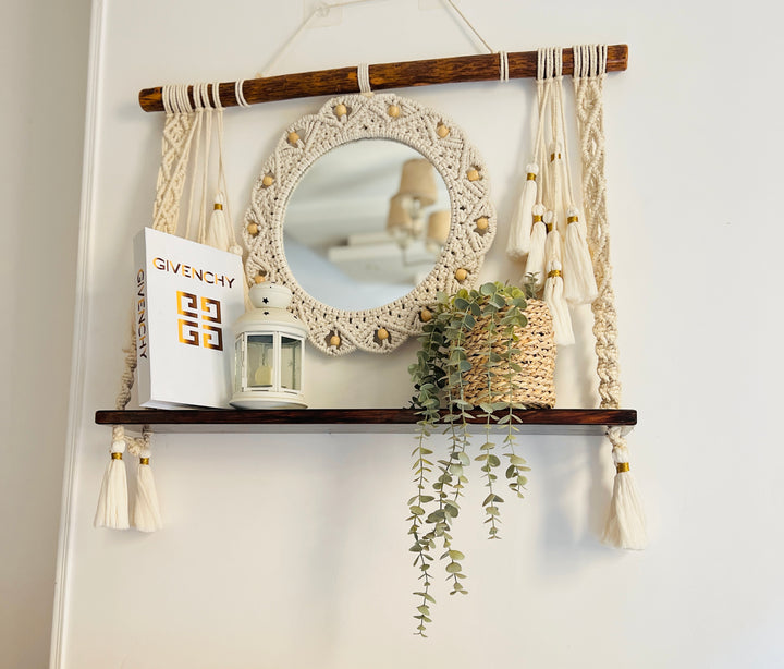 Macrame hanging shelf with mirror