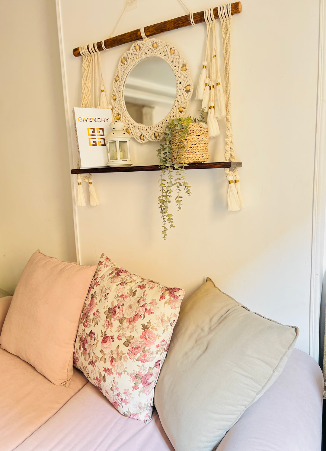 Macrame hanging shelf with mirror