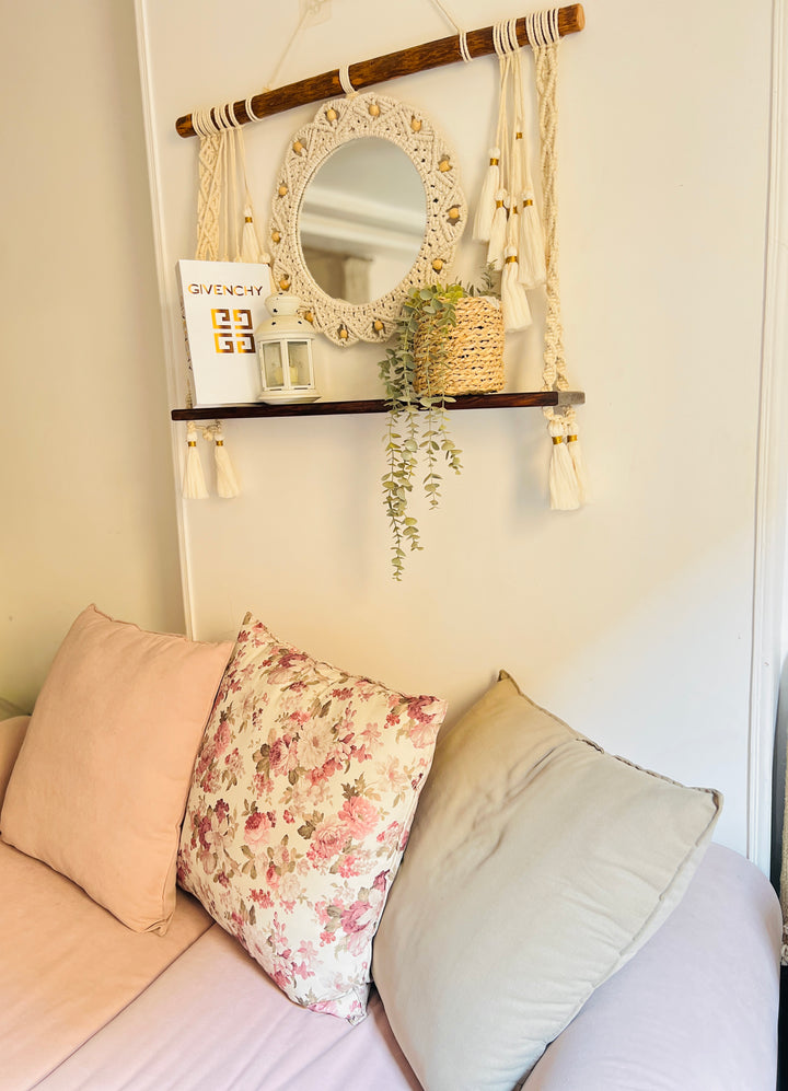 Macrame hanging shelf with mirror