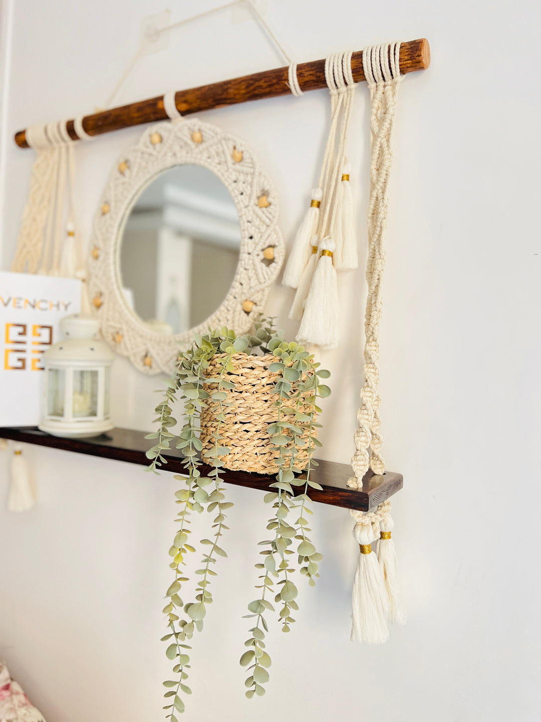 Macrame hanging shelf with mirror