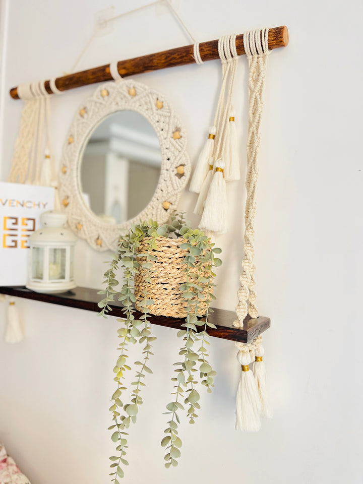 Macrame hanging shelf with mirror