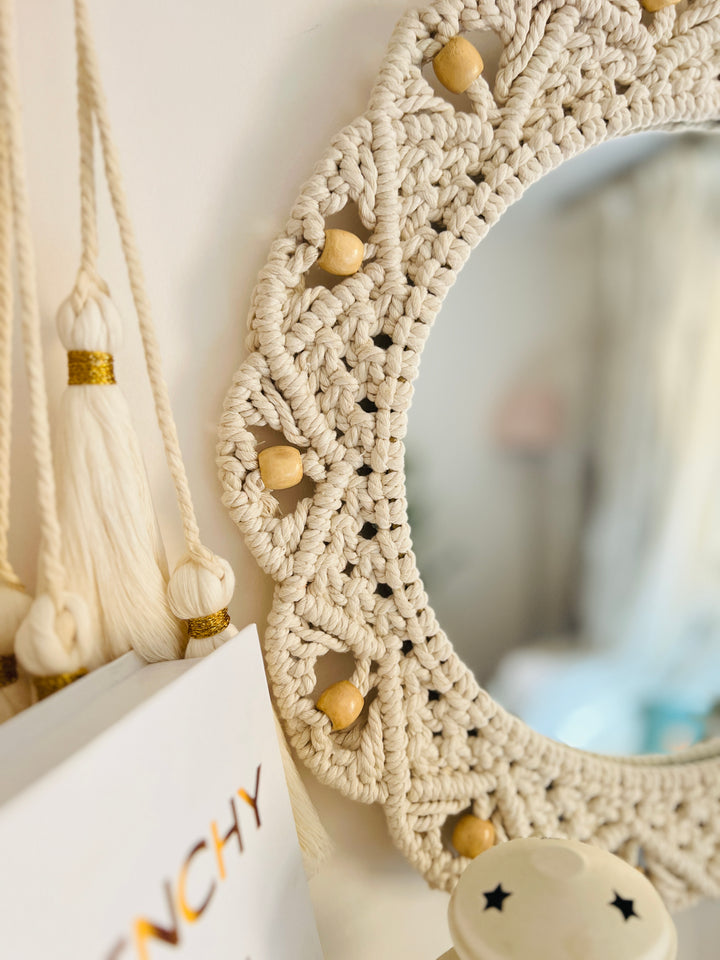 Macrame hanging shelf with mirror