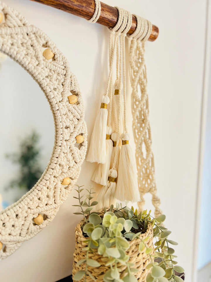 Macrame hanging shelf with mirror