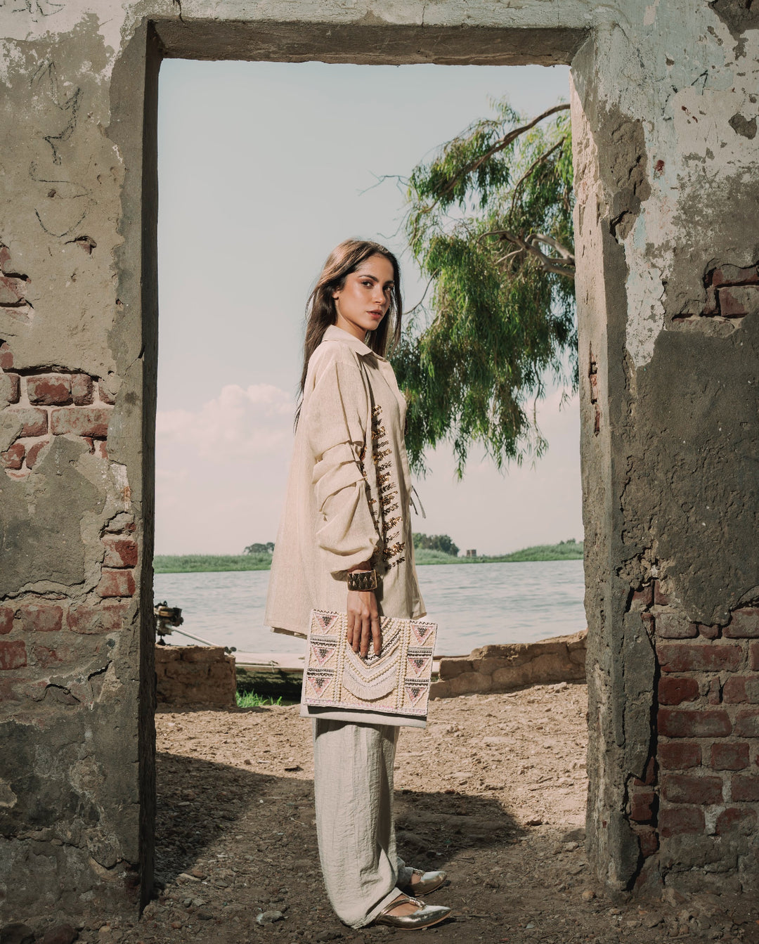 Boho Chic Beige Shirt with Gold Embroidery