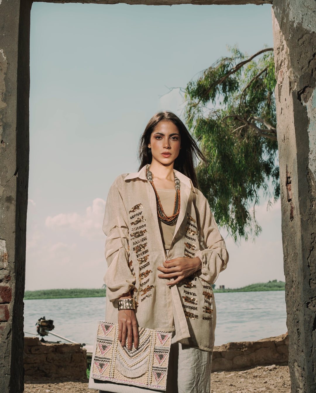 Boho Chic Beige Shirt with Gold Embroidery