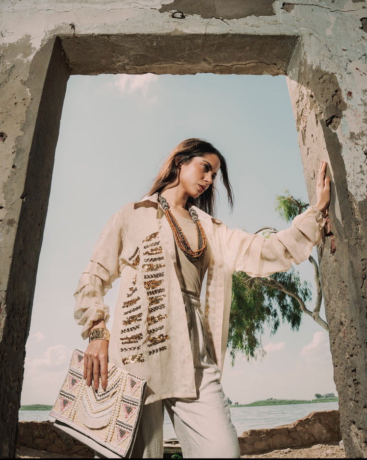 Boho Chic Beige Shirt with Gold Embroidery
