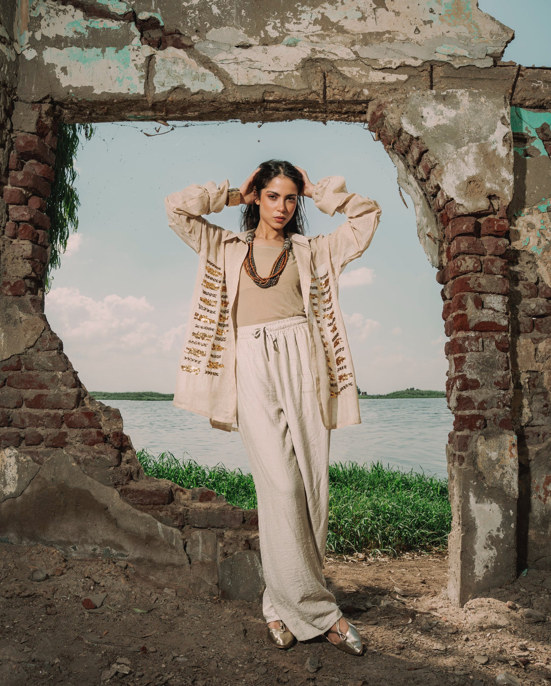 Boho Chic Beige Shirt with Gold Embroidery