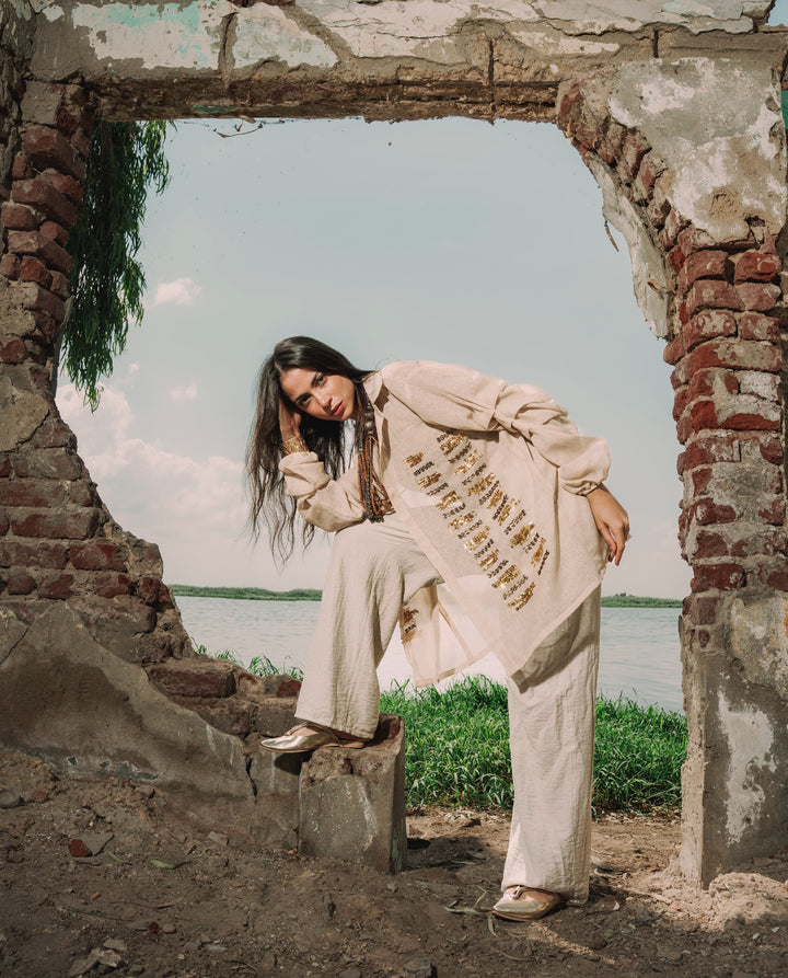 Boho Chic Beige Shirt with Gold Embroidery