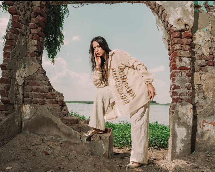 Boho Chic Beige Shirt with Gold Embroidery