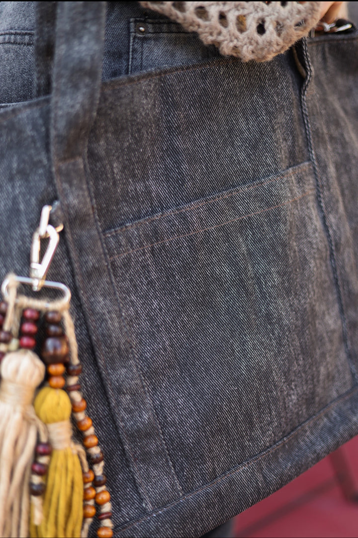 Casual denim bag with tassels beads