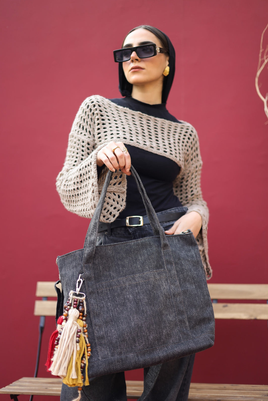 Casual denim bag with tassels beads