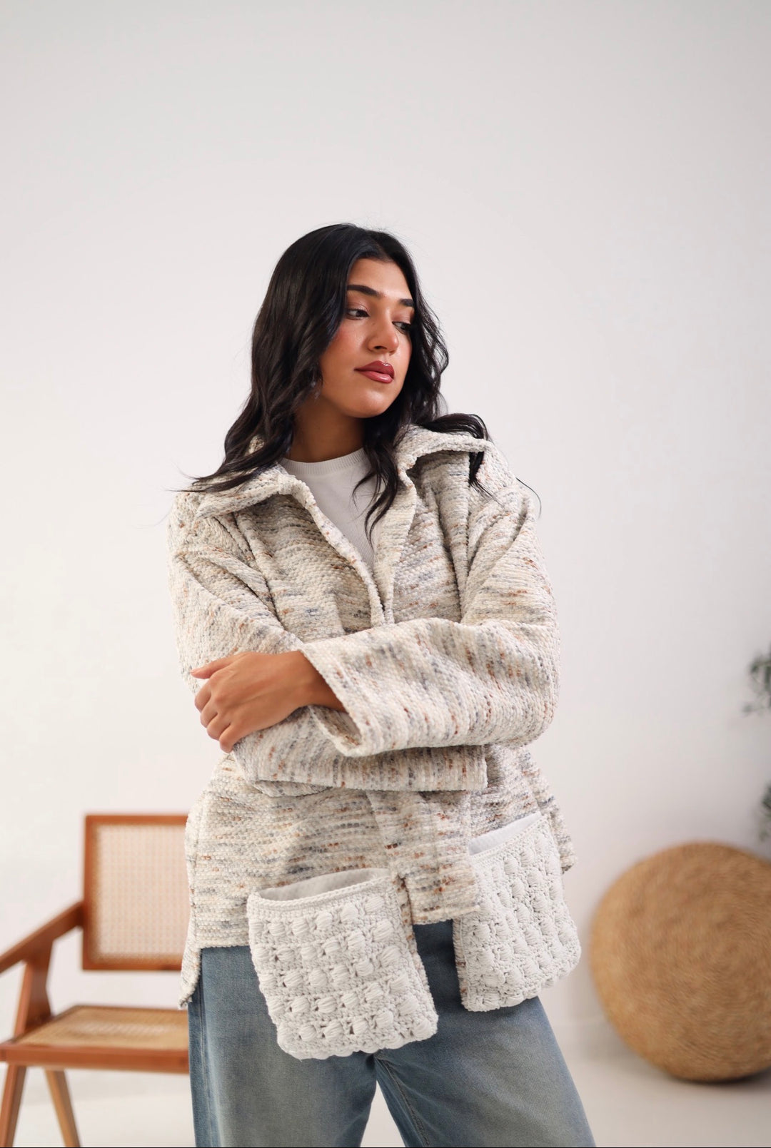 White pocket x light brown jacket