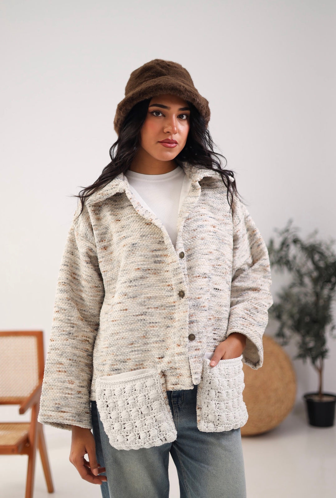 White pocket x light brown jacket