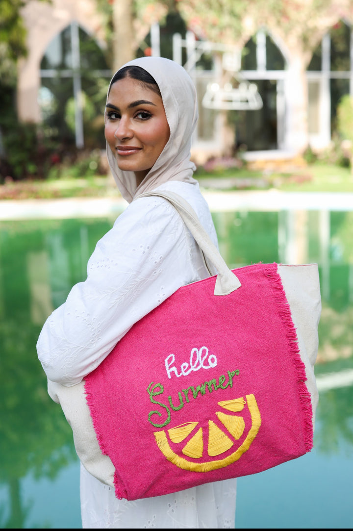 Hello summer fuschia tote bag