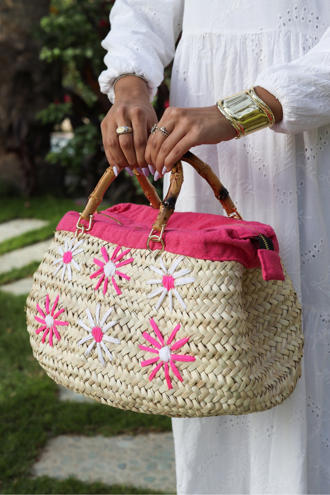 Fuschia embroidered wicker bag