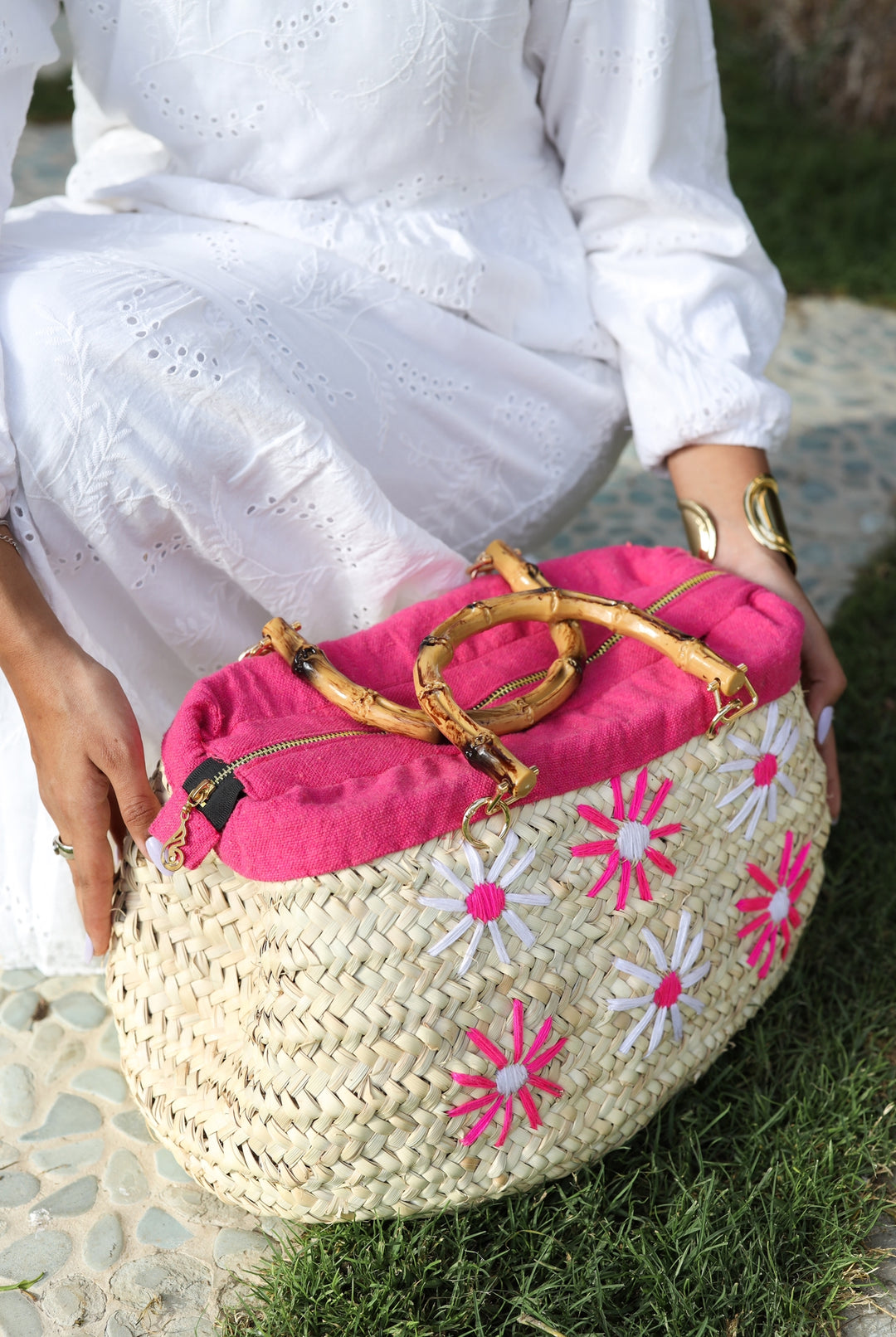 Fuschia embroidered wicker bag