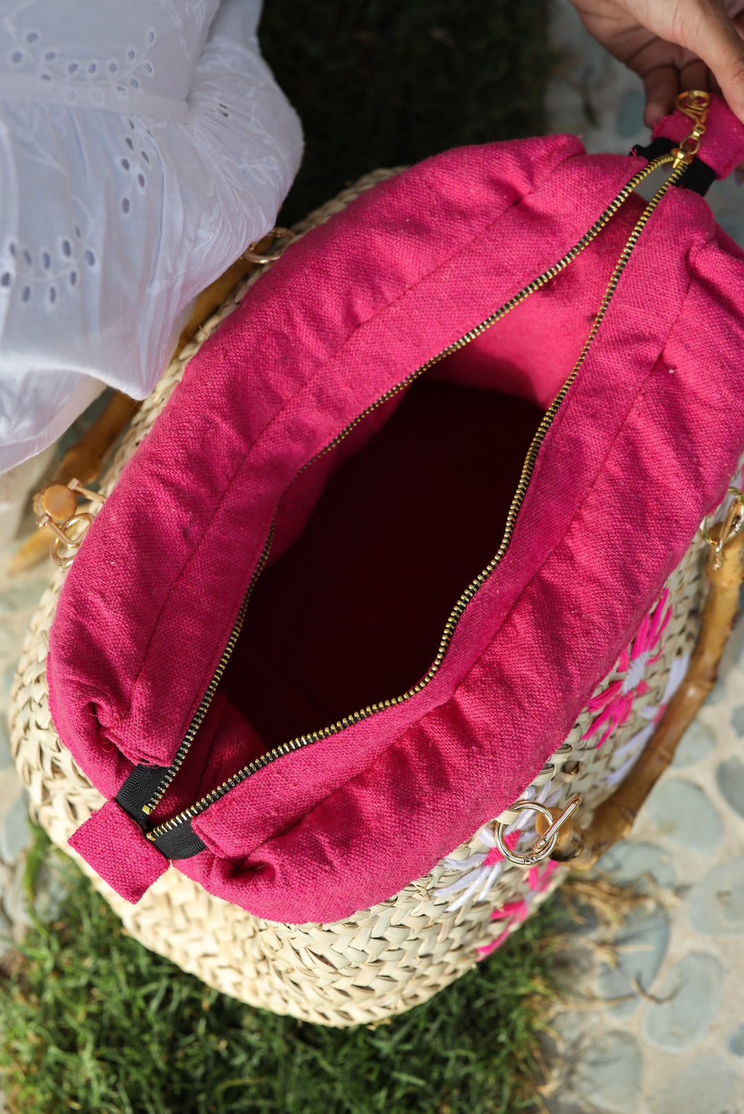 Fuschia embroidered wicker bag