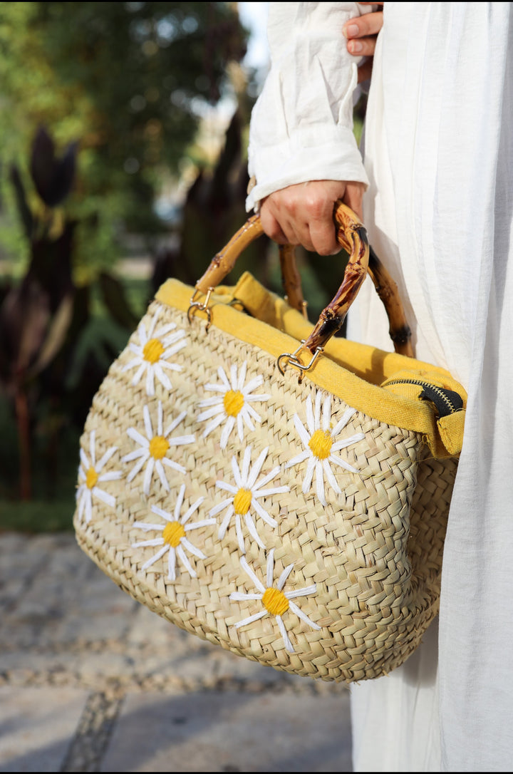 White and yellow flower wicker bag