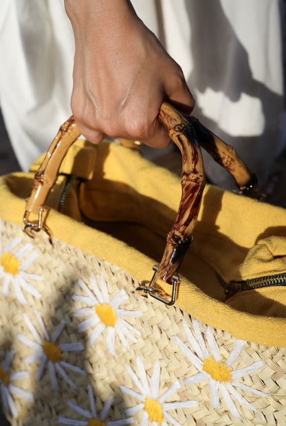 White and yellow flower wicker bag