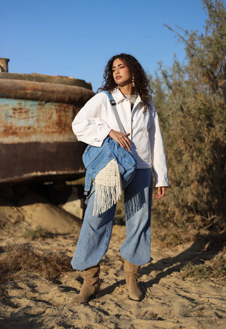 Denim macrame backpack