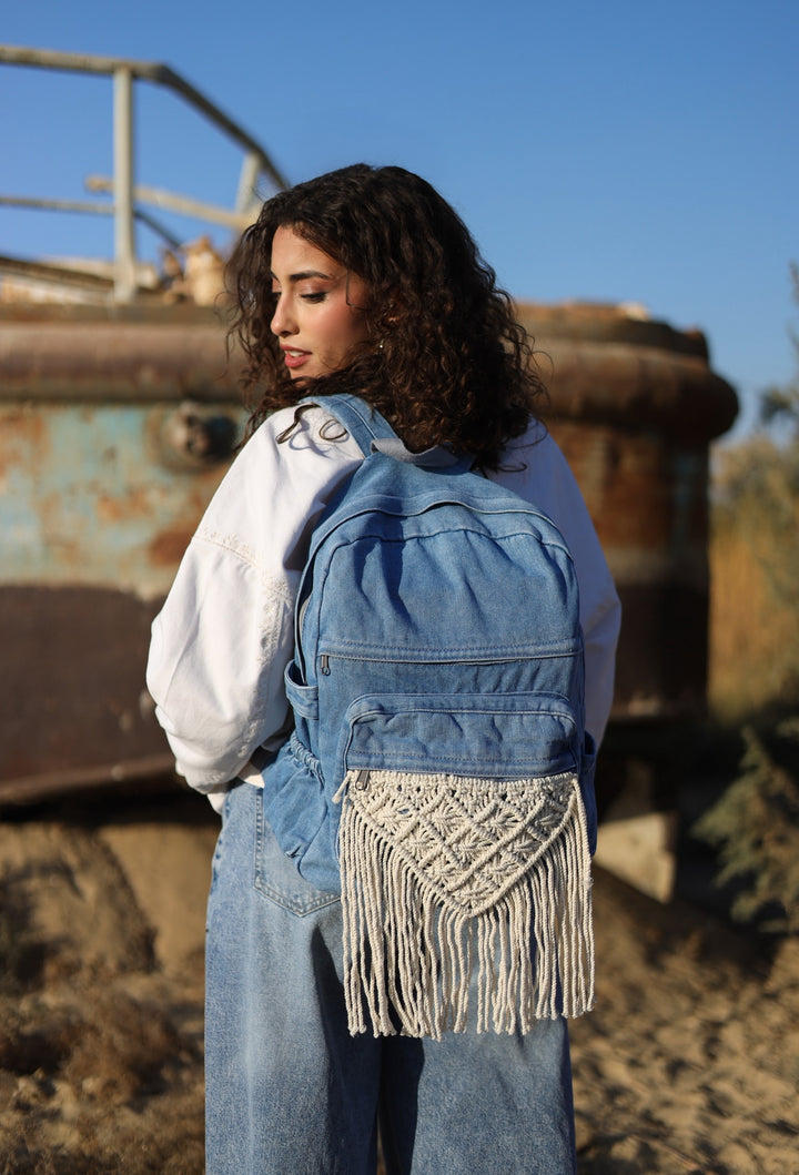 Denim macrame backpack