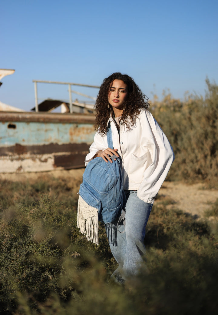 Denim macrame backpack